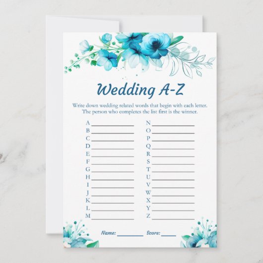 ブルーフローラ結婚のA-Zブライダルシャワーゲームカード 招待状 (正面)