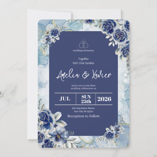 ブルーフローラ結婚式招待状 招待状 (正面)