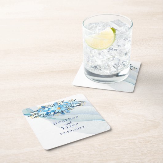 ブルーフローラ結婚紙コースター スクエアペーパーコースター (インサイチュ)