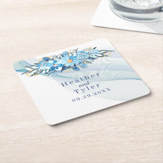 ブルーフローラ結婚紙コースター スクエアペーパーコースター (アングル)