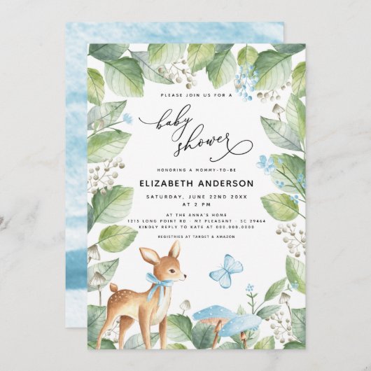 ブルーフローラ緑色鹿の男の子ベイビーシャワー 招待状 (正面/裏面)