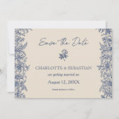 ブルーフローラ縁どヴィンテージ結婚式 セーブザデート (正面)