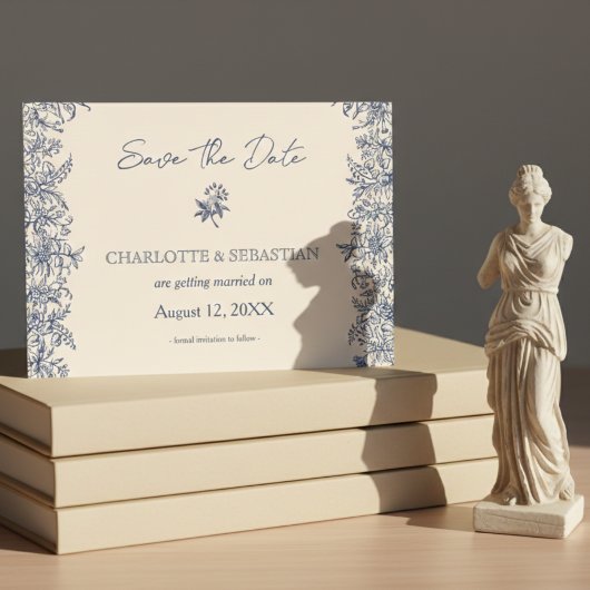 ブルーフローラ縁どヴィンテージ結婚式 セーブザデート