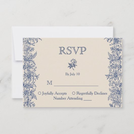 ブルーフローラ縁どヴィンテージ結婚式 出欠カード (正面)