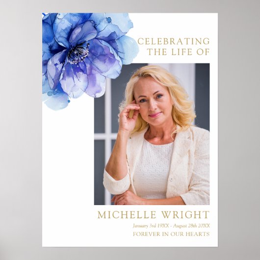 ブルーフローラ葬儀お祝いのライフフォトサイン ポスター (正面)