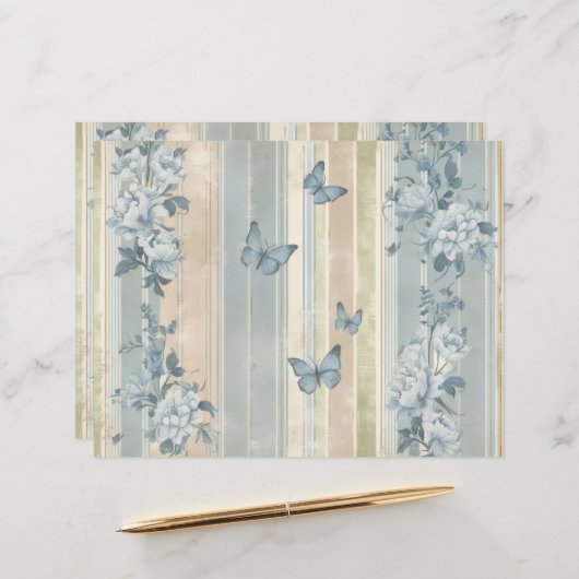 ブルーフローラ蝶ヴィンテージスクラップブック紙 (正面/裏面インサイチュ)