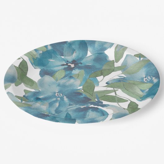 ブルーフローラ融合水彩手絵を描形 ペーパープレート (アングル)