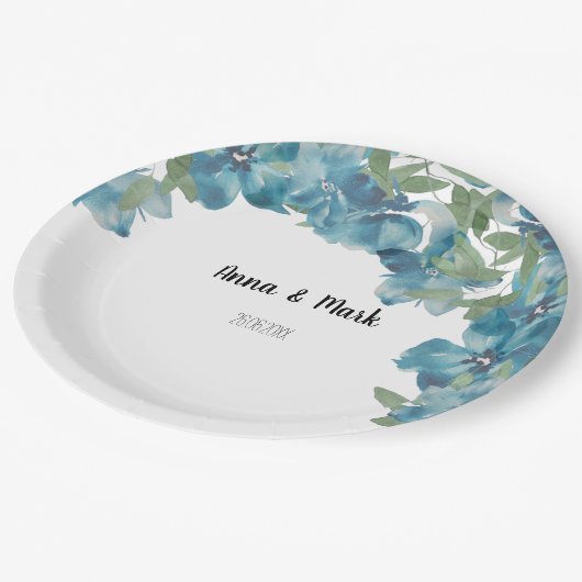 ブルーフローラ融合水彩手絵を描形 ペーパープレート (アングル)