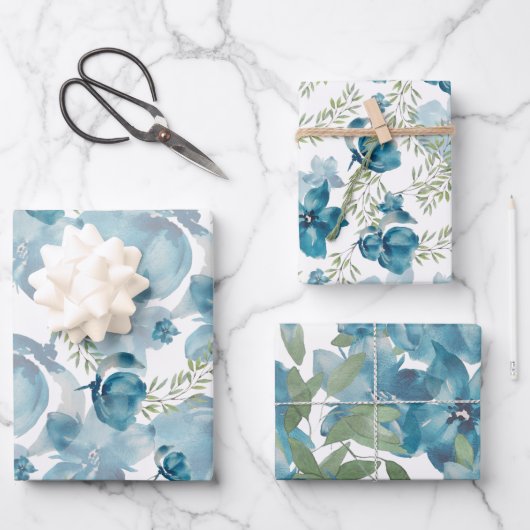 ブルーフローラ融合水彩手絵を描形 ラッピングペーパーシート (正面)