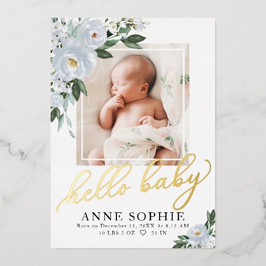 ブルーフローラ誕生のお知らせ&サンキューカード 箔招待状 (正面)