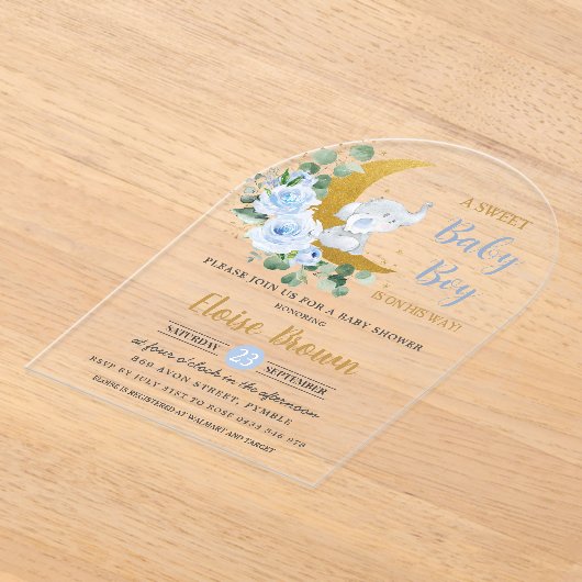 ブルーフローラ象ムーン男の赤ちゃんシャワーアーチ アクリル招待状 (レイダウン)