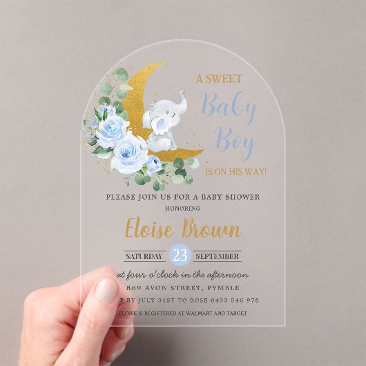 ブルーフローラ象ムーン男の赤ちゃんシャワーアーチ アクリル招待状 (インサイチュ (ポータブル))