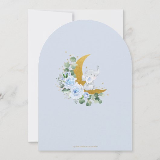 ブルーフローラ象ムーン男の赤ちゃんシャワーアーチ 招待状 (裏面)