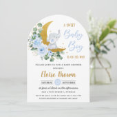 ブルーフローラ象ムーン男の赤ちゃんシャワーアーチ 招待状 (スタンド正面)