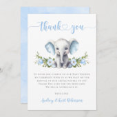 ブルーフローラ象リトルピーナッツ男の赤ちゃんシャワー サンキューカード (正面/裏面)