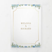 ブルーフローラ金ゴールドカトリック十字型QRコード結婚ズ 三つ折り招待状 (カバー)