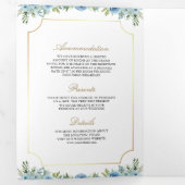 ブルーフローラ金ゴールドカトリック十字型QRコード結婚ズ 三つ折り招待状 (内部最初)