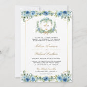 ブルーフローラ金ゴールドカトリック十字型QRコード結婚ズ 招待状 (正面)