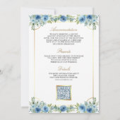 ブルーフローラ金ゴールドカトリック十字型QRコード結婚ズ 招待状 (裏面)