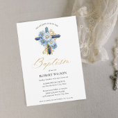 ブルーフローラ金ゴールドクロスボーイ《キリスト教》洗礼式や命名式バプテスマ 招待状