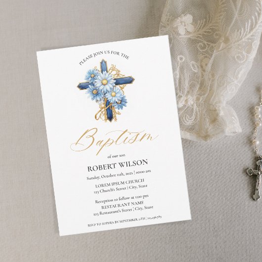 ブルーフローラ金ゴールドクロスボーイ《キリスト教》洗礼式や命名式バプテスマ 招待状