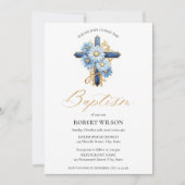 ブルーフローラ金ゴールドクロスボーイ《キリスト教》洗礼式や命名式バプテスマ 招待状 (正面)