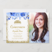 ブルーフローラ金ゴールドグリッターティアラキンセーン写真 招待状 (正面)