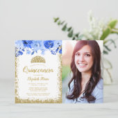 ブルーフローラ金ゴールドグリッターティアラキンセーン写真 招待状 (スタンド正面)