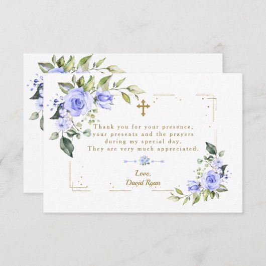 ブルーフローラ金ゴールドグリッターフレームクロスボーイバプテスマ サンキューカード (正面/裏面)