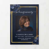 ブルーフローラ金ゴールド写真三回葬儀プログラム 三つ折り案内状 (カバー)