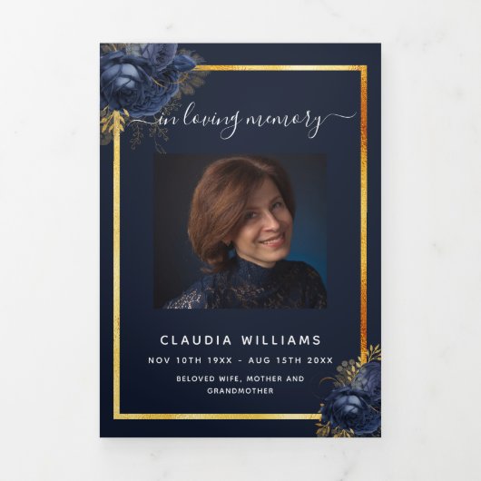 ブルーフローラ金ゴールド写真三回葬儀プログラム 三つ折り案内状 (カバー)