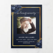 ブルーフローラ金ゴールド写真三回葬儀プログラム 三つ折り案内状 (カバー)