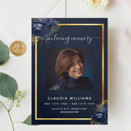 ブルーフローラ金ゴールド写真三回葬儀プログラム 三つ折り案内状