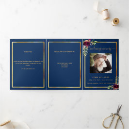 ブルーフローラ金ゴールド写真三回葬儀プログラム 三つ折り案内状