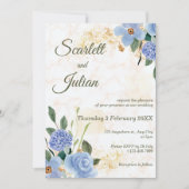 ブルーフローラ金ゴールド大理石結婚式招待状 招待状 (正面)