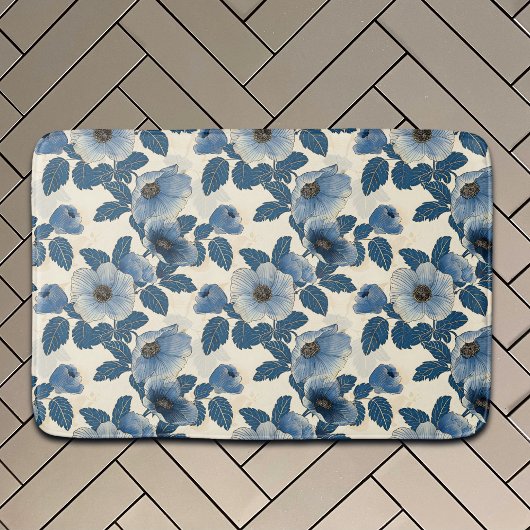 ブルーフローラ金ゴールド日本のグリッター浮世絵 バスマット