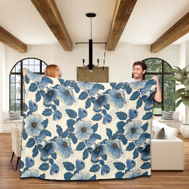 ブルーフローラ金ゴールド日本のグリッター浮世絵 フリースブランケット