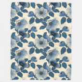 ブルーフローラ金ゴールド日本のグリッター浮世絵 フリースブランケット (正面)