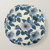 ブルーフローラ金ゴールド日本のグリッター浮世絵 ラウンドクッション (正面)