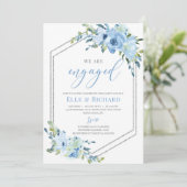 ブルーフローラ銀グリッター幾何学的婚約 招待状 (スタンド正面)