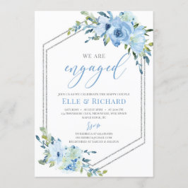 ブルーフローラ銀グリッター幾何学的婚約 招待状