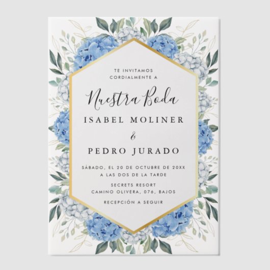 ブルーフローラ離れ金ゴールドヌエストラボダ結婚ズ ベラム紙招待状 (正面)