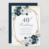 ブルーフローラ40歳の誕生日パーティの招待状 招待状 (正面/裏面)