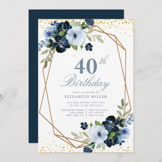 ブルーフローラ40歳の誕生日パーティの招待状 招待状 (正面/裏面)