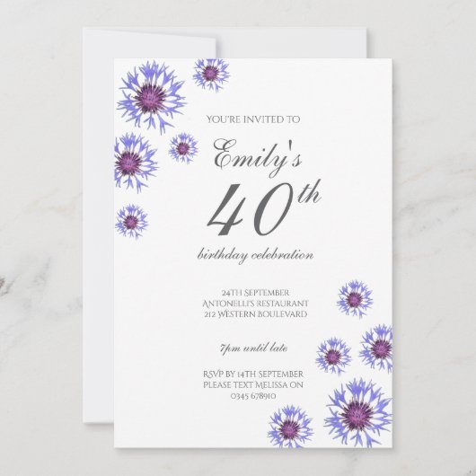 ブルーフローラ40th誕生日パーティの招待状 招待状 (正面)