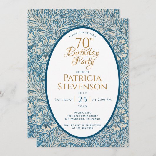 ブルーフローラ70th誕生日マリゴールドWilliam Morris 招待状 (正面/裏面)
