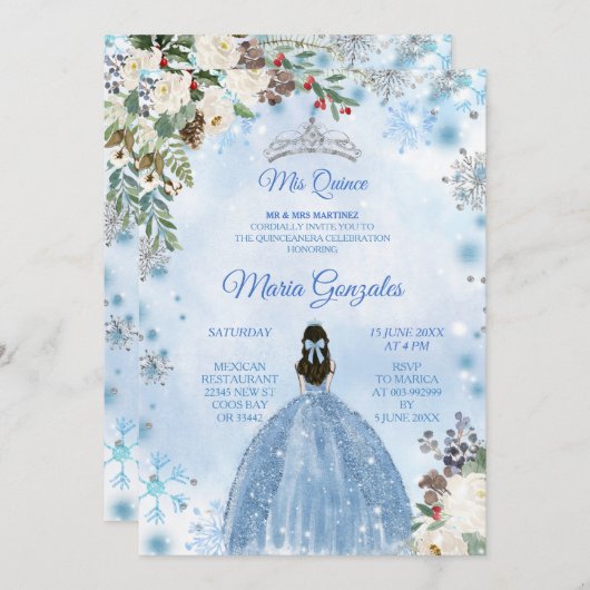 ブルーフローラ&ウィンターホリデーミクリン誕生日 招待状 (正面/裏面)