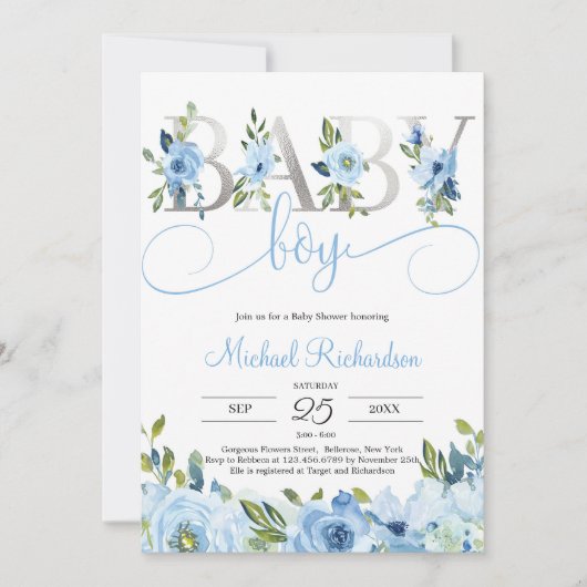 ブルーフローラ&シルバーフォイルボホ 招待状 (正面)