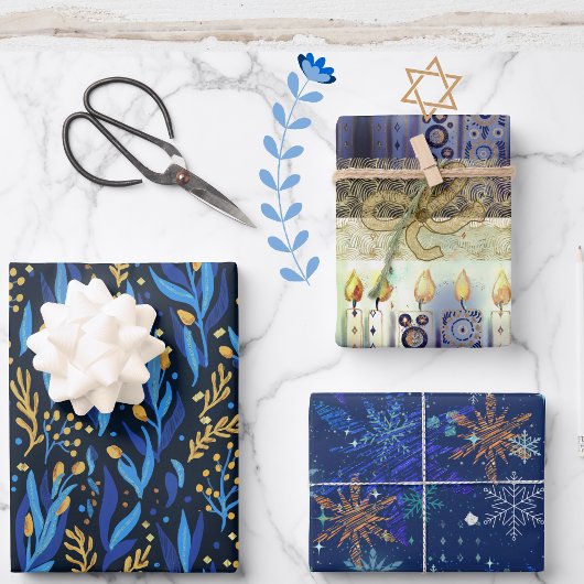 ブルーフローラ、星、ライトハヌッカパターン ラッピングペーパーシート