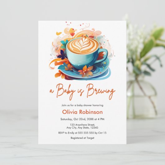 ブルーフローラAベビーはコーヒーの赤ちゃんシャワーを醸造している 招待状 (スタンド正面)
